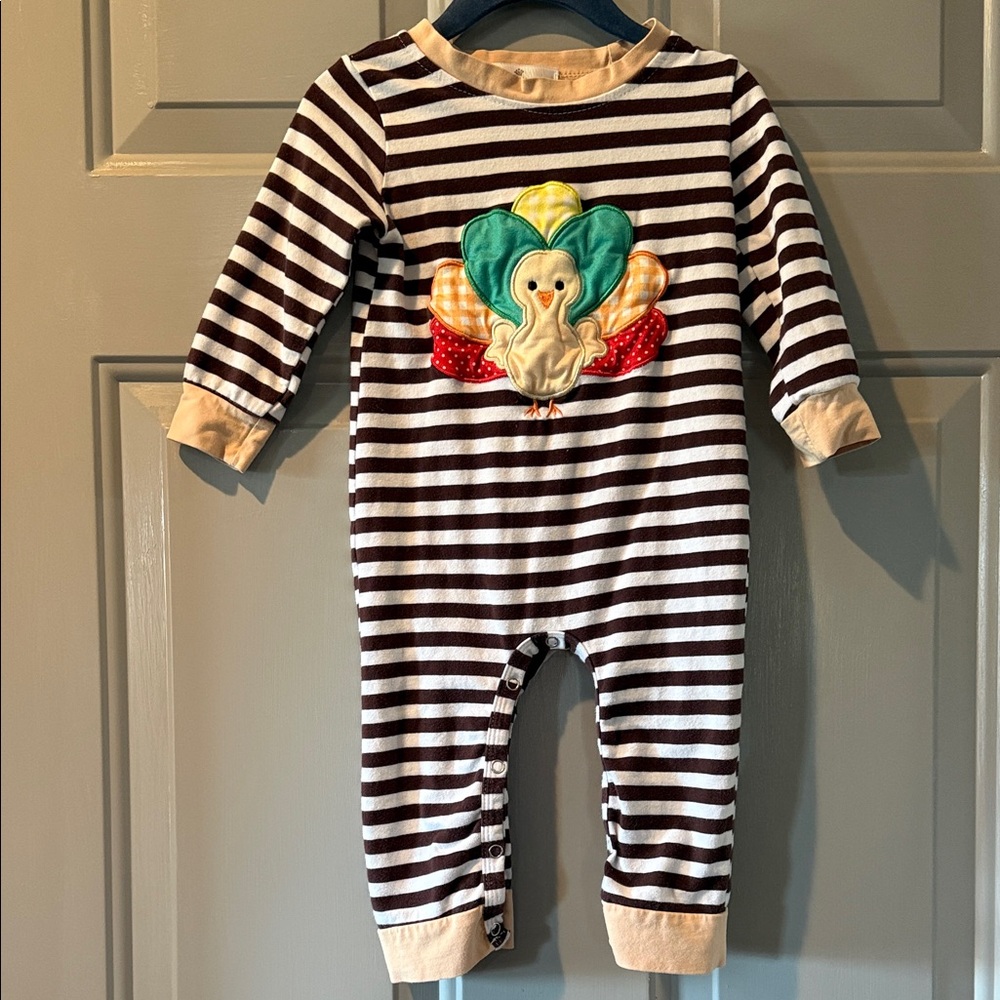 Brown Striped Kids Footie with Turkey Appliqué
